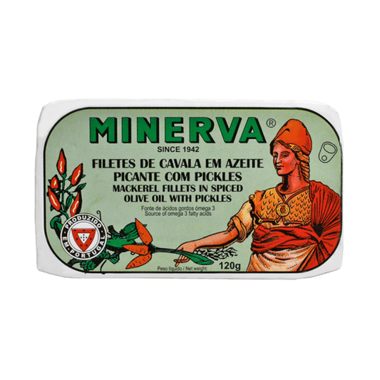 Portugalia Imports - Minerva Mackerel Fillets in Spiced Olive Oil with Pickles